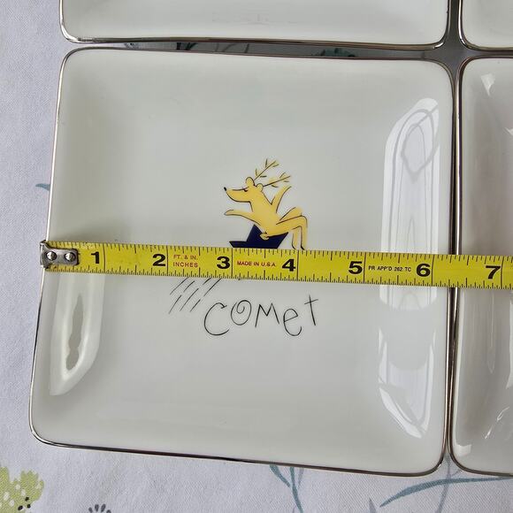 8 pc Pottery Barn Reindeer Appetizer Snack Cookie Plates Silver Trim 6.5" Square - Picture 7 of 7